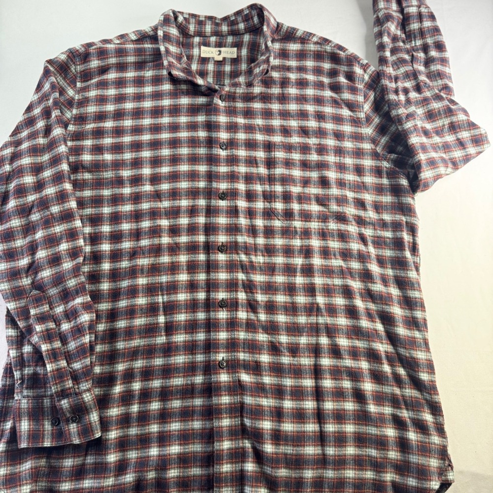 Duck Head Shirt Mens XL Burgundy Plaid Cotton Flannel Long Sleeve D1-1243 Pocket